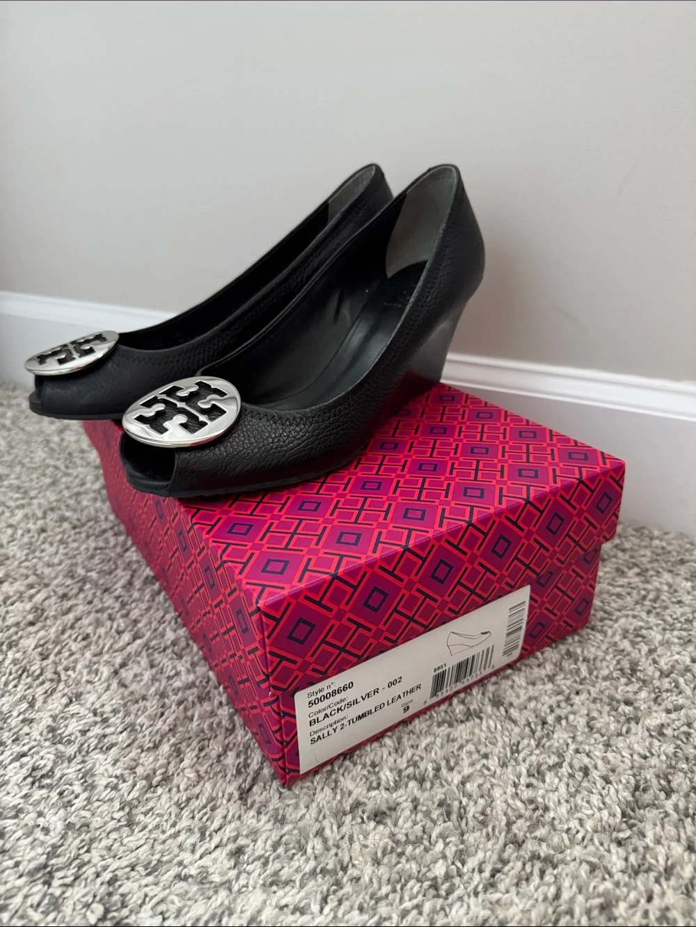 Tory Burch Black sally Peep-Toe Wedges with Silver Logo tumbled leather 9